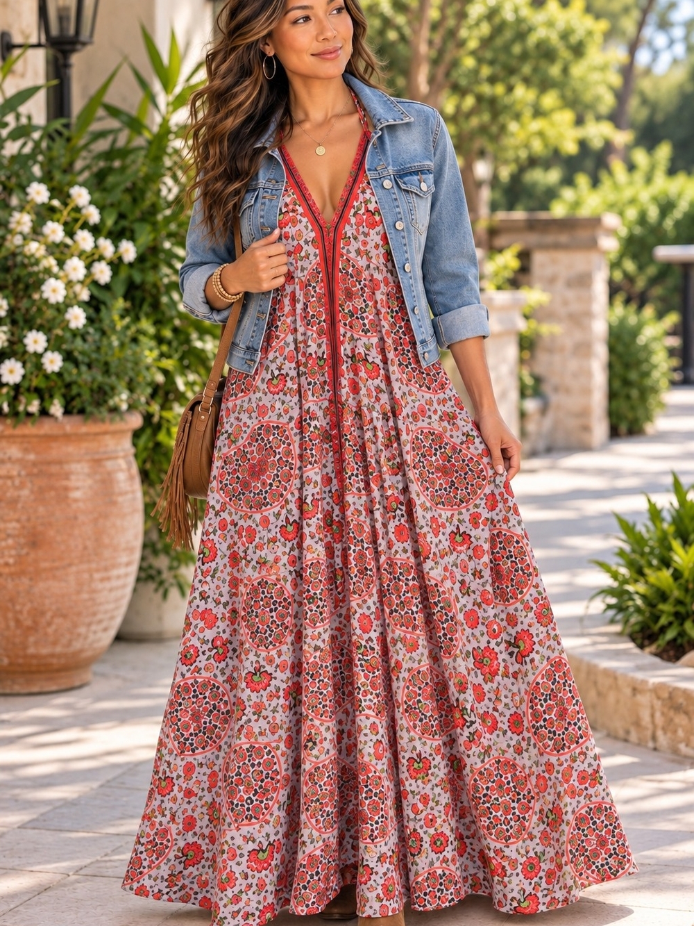 Red Floral V-Neck Maxi Dress with Boho Print